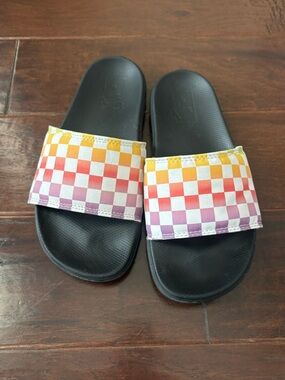Vans Checkerboard Slide Sandals in Yellow, Orange, Pink & Purple